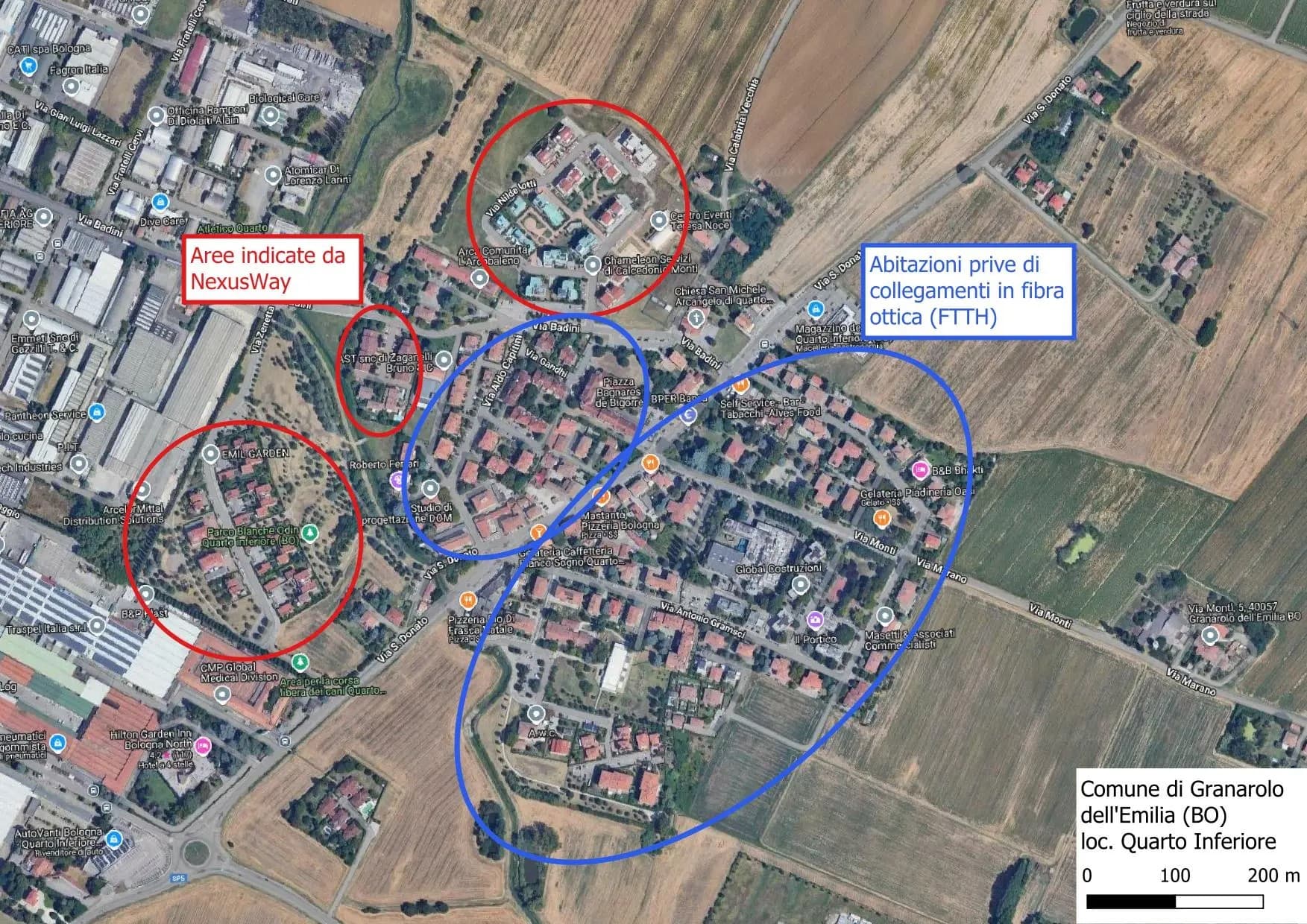 Mappa satellitare ufficiale di Quarto Inferiore con le delimitazioni ad anello: in rosso le aree indicate da NexusWay, in blu il centro abitato ancora da collegare in fibra.